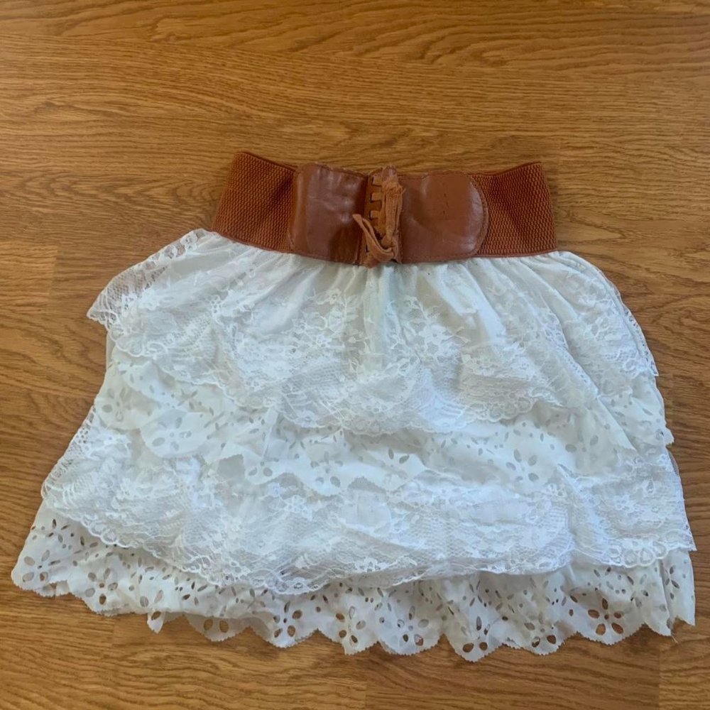 White lace skirt with brown waistband